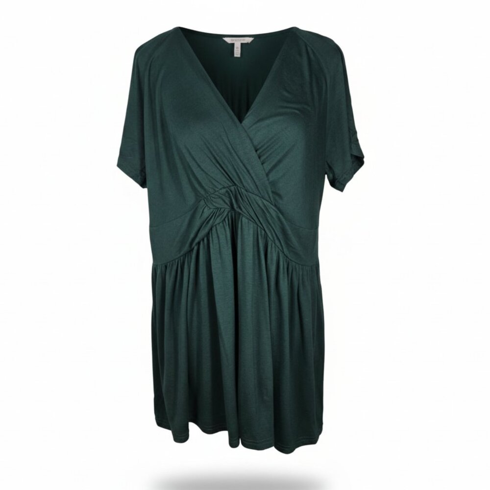 NWT | Dark Green V-Neck Drape Twist Front Babydoll Tunic Dress | XLarge